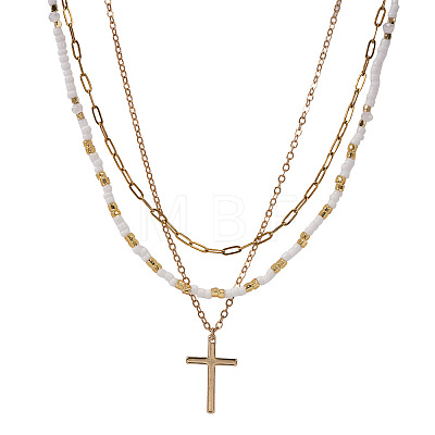304 Stainless Steel Religion Cross Pendant Glass Seed Beaded 3 Layer Necklaces for Women WI3210-1
