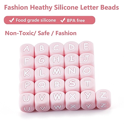 20Pcs Pink Cube Letter Silicone Beads 12x12x12mm Square Dice Alphabet Beads with 2mm Hole Spacer Loose Letter Beads for Bracelet Necklace Jewelry Making JX435I-1