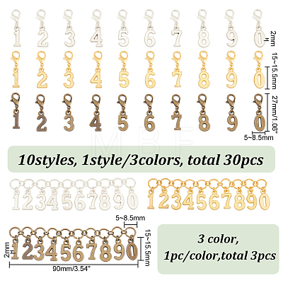 1 Set 3 Colors Alloy Number Charm Knitting Row Counter Chain with Brass Rings HJEW-BC0001-40-1