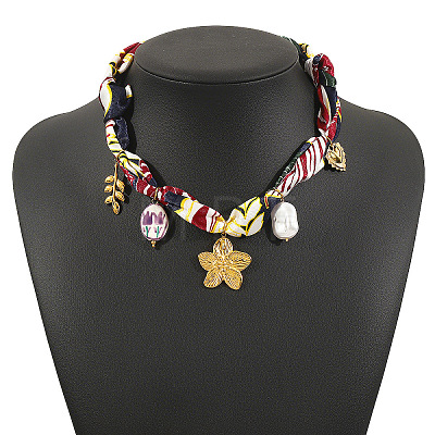 304 Stainless Steel Enamel Pendant Printed Cloth Scarf Necklaces for Women FS-WGDE682-03-1