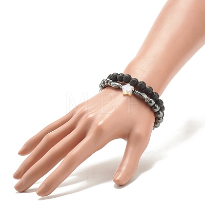 2Pcs 2 Style Natural Lava Rock & Synthetic Hematite Stretch Bracelets Set with Opalite Star BJEW-JB08183-1