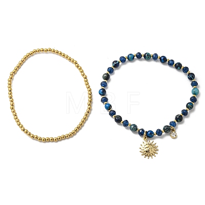 2Pcs 2 Style Natural Lapis Lazuli Beaded Stretch Bracelets Set BJEW-K238-09G-1