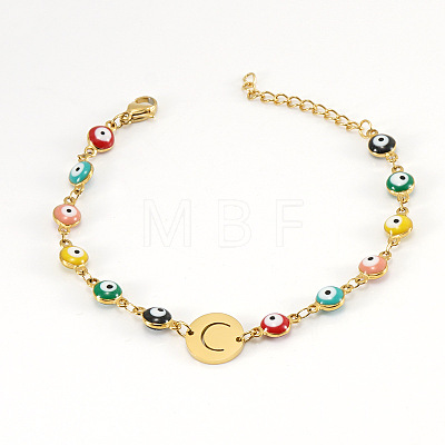 Colorful 304 Stainless Steel & Evil Eye Enamel Flat Round Link Bracelets FS-WGB13F5-03-1