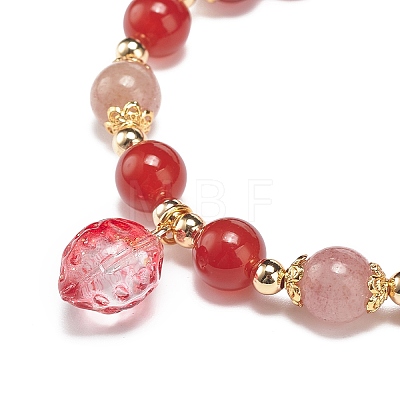 Natural Carnelian(Dyed & Heated) & Strawberry Quartz Beaded Stretch Bracelet with Glass Strawberry Charms for Women BJEW-JB09026-1