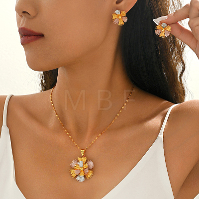 Vintage Brass Flower Stud Earrings & Pendant Necklaces Sets for Women FI9595-1