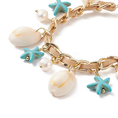 Natural Shell & Shell Pearl & Synthetic Starfish Charm Bracelet BJEW-TA00201-1
