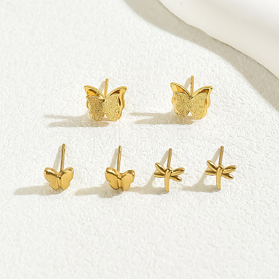 3 Pairs Fashionable 201 Stainless Steel Butterfly & Dragonfly Stud Earrings VU6612-1