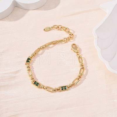 Oval & Paperclip Brass Micro Pave Cubic Zirconia Link Chain Bracelets for Women BJEW-D458-01G-05-1