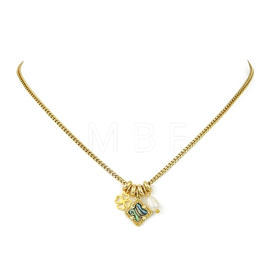 Brass Natural Paua Shell & Pearl Pendant 304 Stainless Steel Curb Chain Necklaces for Women NJEW-JN06258-03-1
