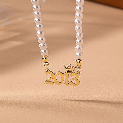 Alloy Crown Birth Year Pendant Imitation Pearl Round White Beaded Necklaces for Women FS-WG173C9-10-1
