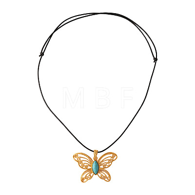 Alloy with Synthetic Turquoise Hollow Butterfly Pendant Black Waxed Cord Long Necklaces for Women FS-WG6109F-01-1