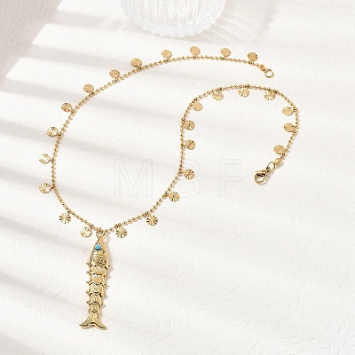 304 Stainless Steel with Synthetic Turquoise Fish Pendant Necklaces for Women NJEW-F362-02G-1