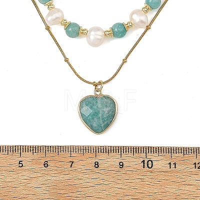 Natural Amazonite Heart Pendant 304 Stainless Steel Satellite Chain Double Layer Necklaces NJEW-JN06692-1