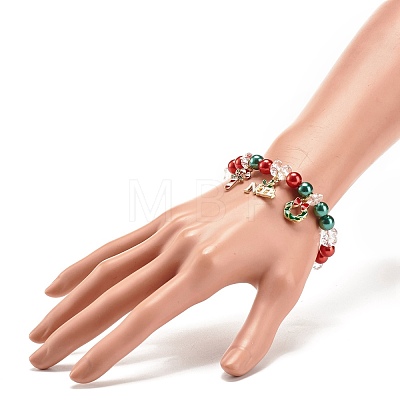 Acrylic Pearl Beaded Stretch Bracelet with Alloy Enamel Charms BJEW-JB08292-1