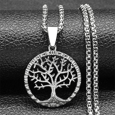 201 Stainless Steel Tree of Life Pendant Box Chain Necklaces for Men NJEW-S440-16P-1