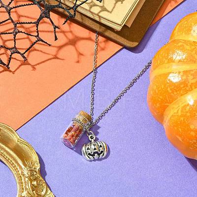 Halloween Pumpkin Alloy and Glass Bottle Pendant Necklaces NJEW-JN04990-1