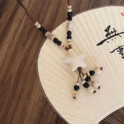 Bohemian Handmade Porcelain Star Pendant Adjustable Imitation Leather Cord Long Necklaces for Women WG246F5-04-1