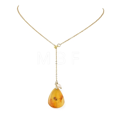 Natural Amber Teardrop Pendant Lariat Y Necklaces with Brass Cable Chains and Natural Pearl for Women NJEW-JN06607-1