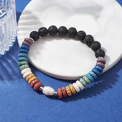 Dyed Natural Lava Rock & Pearl Beaded Strtch Bracelet BJEW-JB10053-02-1