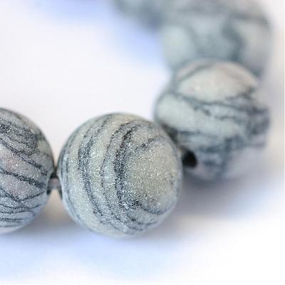 Frosted Natural Black Silk Stone/Netstone Round Bead Strands G-E334-8mm-25-1
