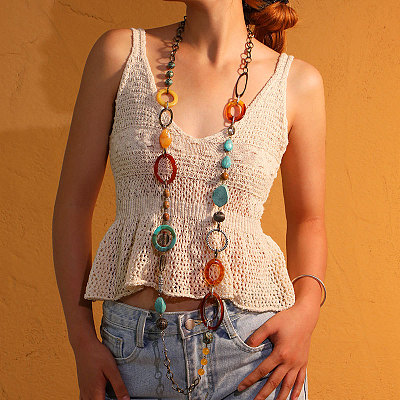 Bohemian Style Acrylic & Zinc Alloy Oval & Teardrop Handmade Link Chain Long Necklaces for Women FS-WG51811-01-1