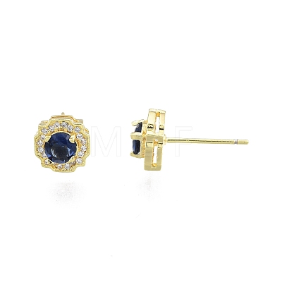 Marine Blue Glass Flower Stud Earrings with Cubic Zirconia EJEW-G322-12G-1