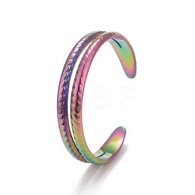 Rainbow Color Ion Plating(IP) 304 Stainless Steel Double Line Open Cuff Ring for Women RJEW-A005-41MC-1