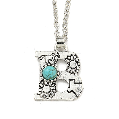 Letter A~Z Antique Silver Plated Alloy with Synthetic Turquoise Pendant Necklaces NJEW-G080-01B-1