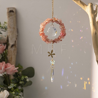 Watermelon Stone Glass Web with Feather Wall Hanging Decoration PW-WG28944-01-1