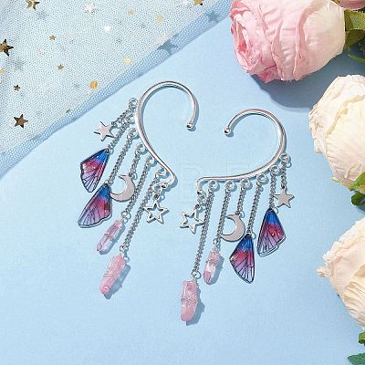 Wing Resin & Natural Quartz Crystal Points Beaded Dangle Earrings EJEW-TA00523-1