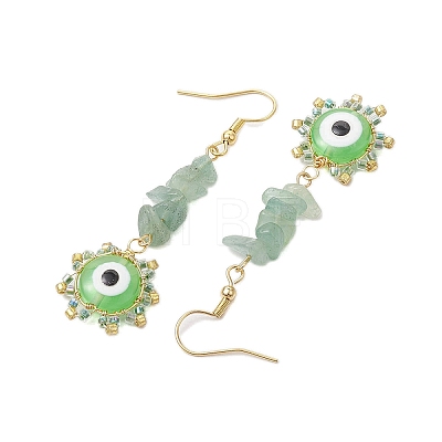 Evil Eye Natural Green Aventurine Chip & Seed Beads Dangle Earrings EJEW-MZ00166-04-1