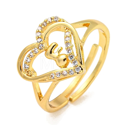 Heart with Letter Rack Plating Brass Micro Pave Clear Cubic Zirconia Adjustable Rings for Women RJEW-I105-01G-F-1