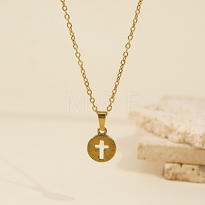 306 Stainless Steel Hollow Cross Circular Pendant Necklaces for Women YU8879-1