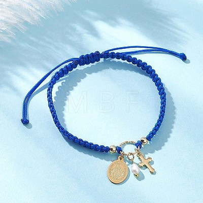 Oval with Virgin Mary & Cross 304 Stainless Steel & Natural Freshwater Pearl Charm Bracelets BJEW-JB12928-1