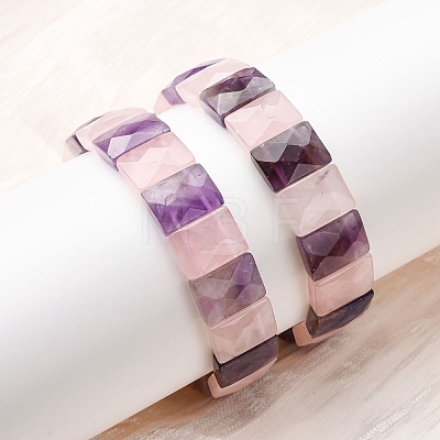 Rectangle Natural Amethyst & Rose Quartz Beads Stretch Bracelets for Women Men BJEW-Z149-01E-1