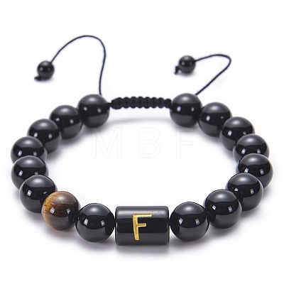 10MM Natural Black Onyx(Dyed & Heated) and Tiger Eye Alphabet Round Braided Bead Adjustable Bracelets for Women DM6424-6-1