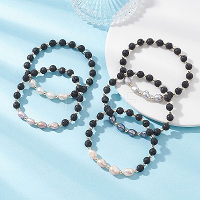 Natural Lava Rock & Cultured Freshwater Pearl Beads Stretch Bracelets for Women BJEW-JB12868-1