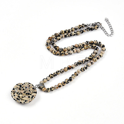 Natural Dalmatian Jasper 4.5mm Round Beaded Flower Pendant Necklaces NJEW-T016-04H-1