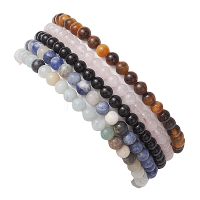 4mm Round Natural Mixed Stone & Non-magnetic Synthetic Hematite Beaded Stretch Bracelets BJEW-JB10682-1