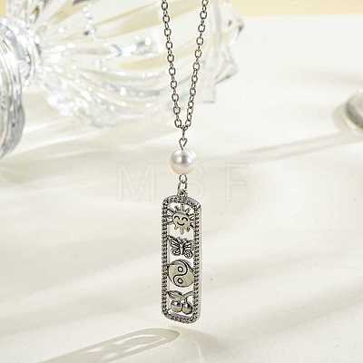 Brass Micro Pave Clear Cubic Zirconia Hollow Rectangle with Sun and Butterfly Pendant Necklaces with Imitaiton Pearl Beads WG253F6-04-1