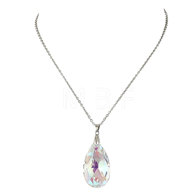 Clear AB Faceted Glass Teardrop Pendant 304 Stainless Steel Cable Chain Necklaces NJEW-JN06177-1
