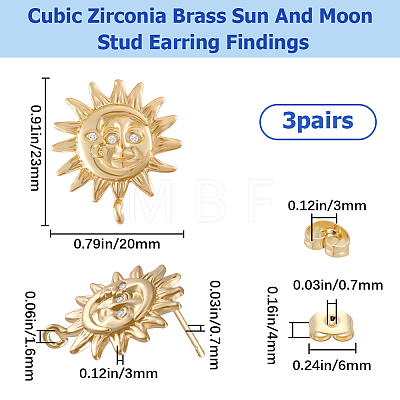 3 Pairs Brass Micro Pave Cubic Zirconia Sun Stud Earring Findings KK-BBC0007-97-1