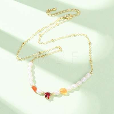 Natural Carnelian Chip and Rice Natural Pearl Beaded Necklaces GG-CBA3297-15G-E-1