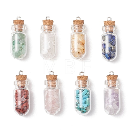 8Pcs 8 Styles Synthetic Turquoise & Natural Green Aventurine & Citrine & Rose Quartz & Lapis Lazuli & Quartz Crystal & Amethyst & Red Jasper Chip Glass Bottle Pendants PALLOY-JF04073-1