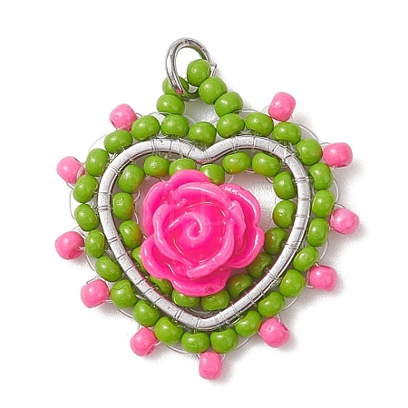 Glass Seed Beaded Heart with Rose Pendants PALLOY-MZ01030-04-1