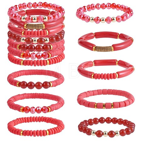 8Pcs 8 Style Natural Red Agate & Glass & Polymer Clay Heishi Surfer Stretch Bracelets Set BJEW-SW00083-1