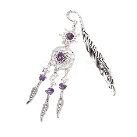 Alloy Sun & Woven Net/Web with Feather Charms Bookmarks AJEW-JK00368-02-1