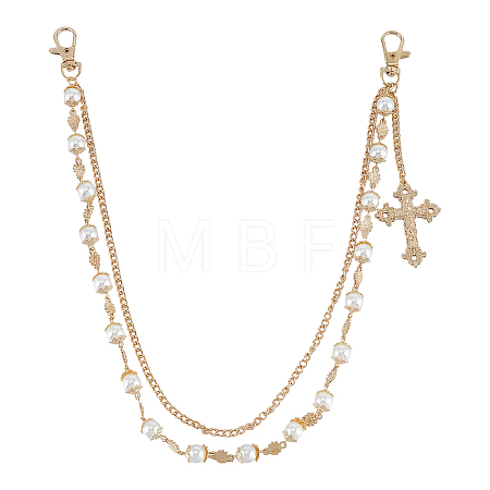 1Pc Alloy & Iron & Round White Imitation Pearl Link Chain Double Layer Cross Charm Pants Chains HJEW-ME0002-24-1