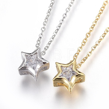 304 Stainless Steel Brass Cubic Zirconia Pendant Necklaces NJEW-O108-13-1
