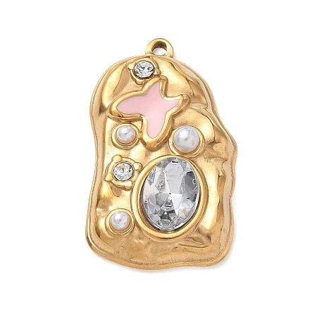 304 Stainless Steel Micro Pave Clear Cubic Zirconia with Pink Enamel & Plastic Pearl Pendants SA-CBA50C9-02G-1